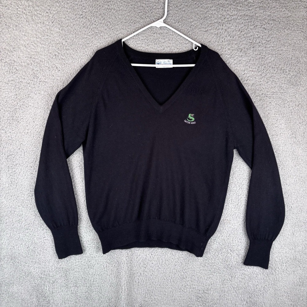 Vintage Pickering Sweater Vest Men XL Black V Neck 'Gator Hole' Acrylic Made USA